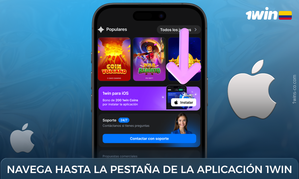 Busca el botón Aplicación para iOS y haz clic en él para descargar la aplicación 1win para iOS